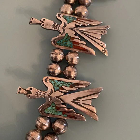 Silver Handmade Vintage Squash Blossom Necklace, Bracelet, Ring - Picture 6 of 16